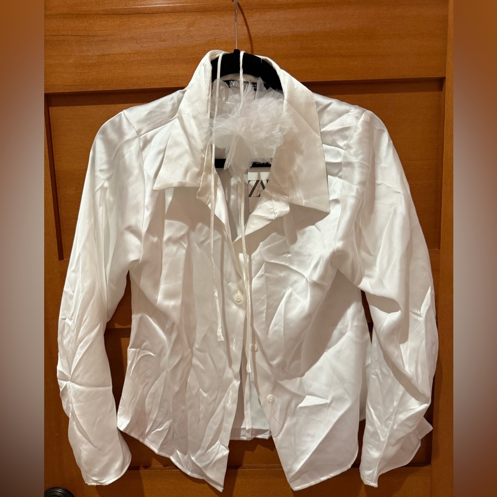 Zara White Satin Blouse with Flower Tie Accent